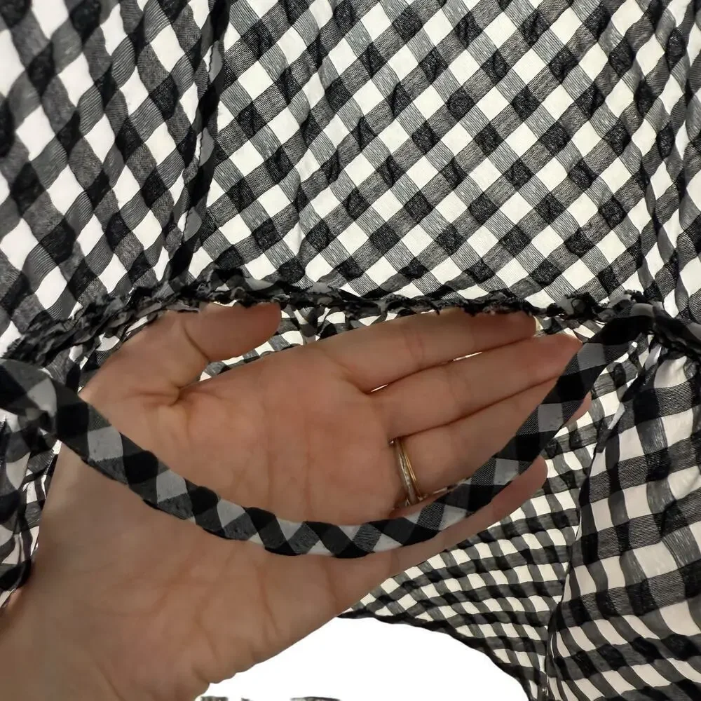 Ganni Gingham Check Seersucker Square Neck Puff Sleeve Dress Black White 12/44